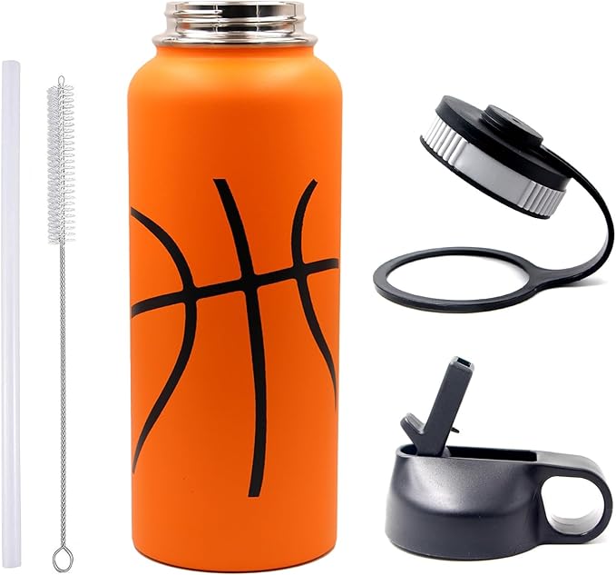 40 oz Basketball Water Bottle, Metal Thermo Travel Tumbler Sports Flask with 2 Lids, Stainless Steel Double Wall Vacuum Insulated Leakproof Water Jug, Basketball Accessories Stuff Gifts for Boys Girls