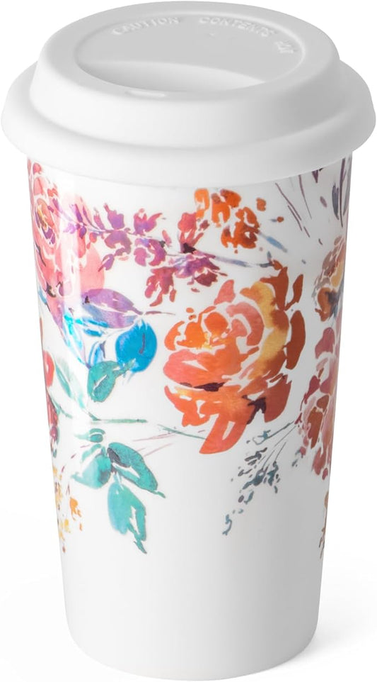 Ceramic Coffee Travel Mug 12 Oz with Lid Spill & Leak Proof, Double-wall Insulated Travel Coffee Mugs Watercolor Peonies Pattern, Gift for Her on Christmas Birthday Mothers Day, White & Pink Flower