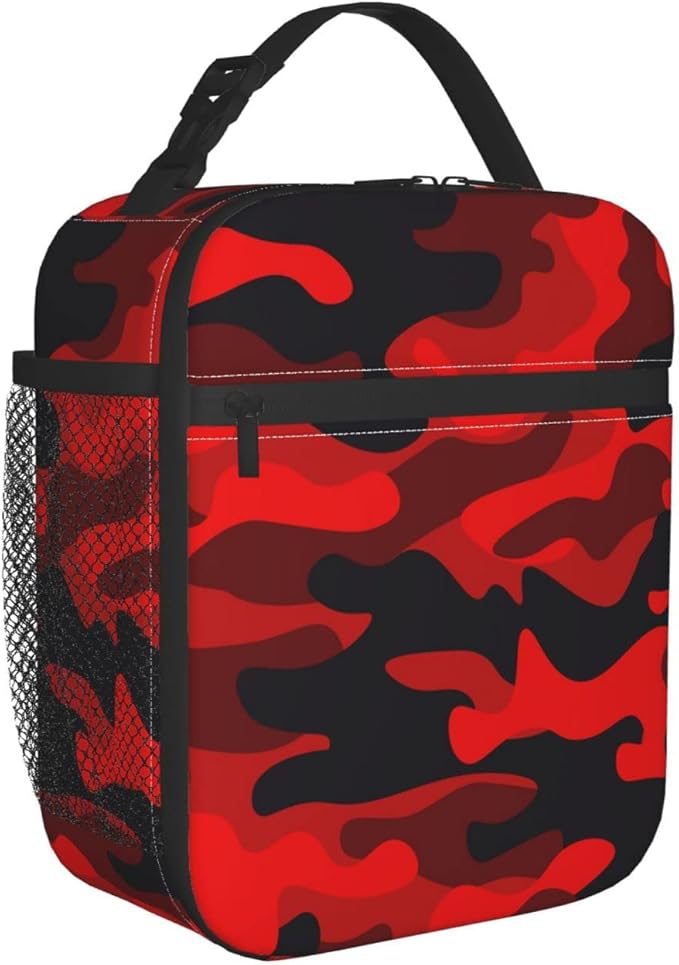SUPLUCHOM Lunch Box Military Camouflake Camo Red Black Insulated Bag Reusable with Side Pocket for Work School Picnic Hiking Daytrip Kids boy Student Over 3 Years Old