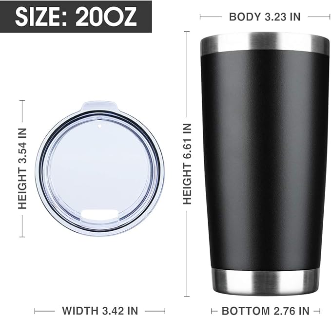 20oz Tumbler Bulk Stainless Steel Vacuum Insulated Tumblers with Lid Double Wall Travel Mug Durable Powder Coated Coffee Cup, Suitable for Ice Drinks and Hot Beverage (Black 6pack)