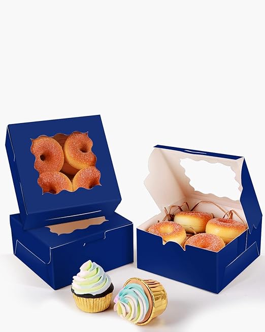qiqee Navy Blue Cookie Boxes with Window 36packs 6x6x3 Navy Blue Bakery Box Pastry Box for Wedding Favor Birthday ＆ Party