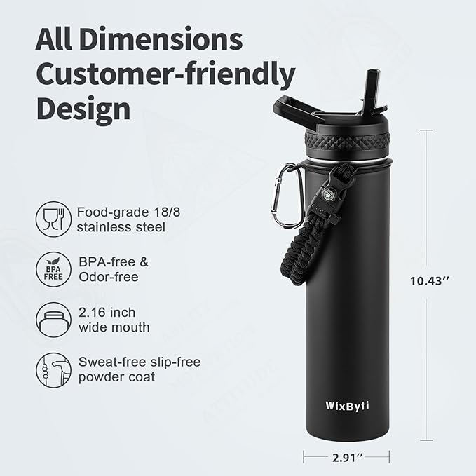 24 oz Insulated Water Bottle with Straw (Cold for 48 Hrs), Stainless Steel Triple Wall Vacuum Sports Water Jug, Leakproof Hydro Cup Flask with Paracord Handle & Straw Spout Lids & DIY Stickers