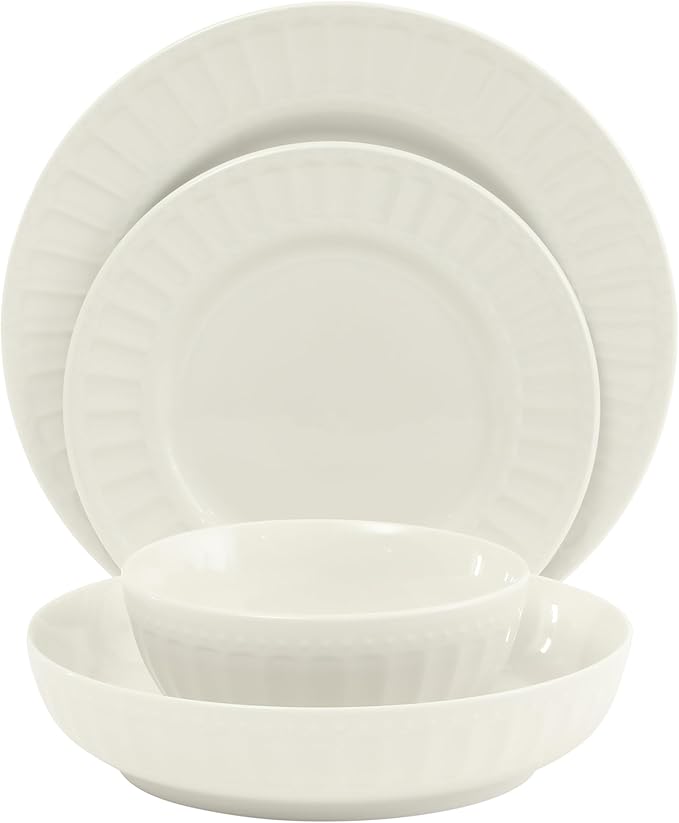 Gibson Home Melbourne White Plates and Bowls Set, 16 Piece Embossed Ceramic Dinnerware Set - Service for 4 Dishes - With Pasta Bowl