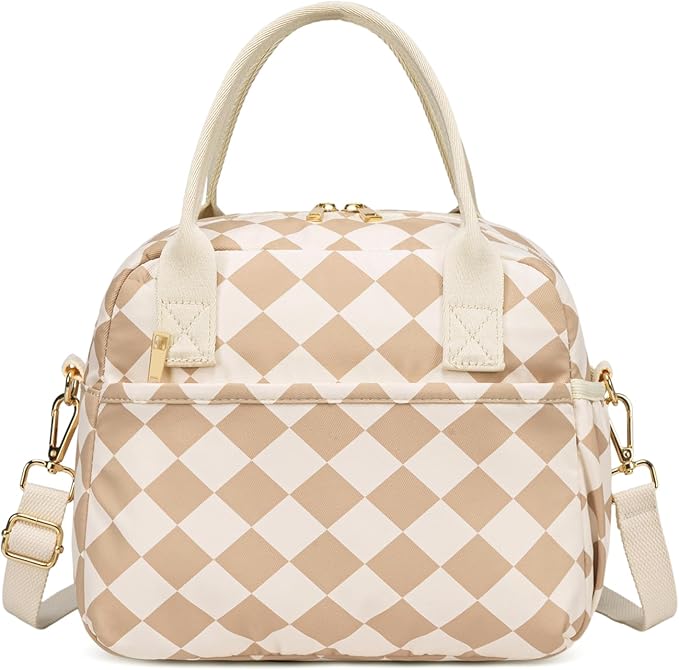 CAMTOP Lunch Box for Women Insulated Lunch Bag Lunchbox Cooler Thermal Leakproof Quilted Reusable Lunch Tote Bag for Work School Travel Picnic (Brown-White Check)
