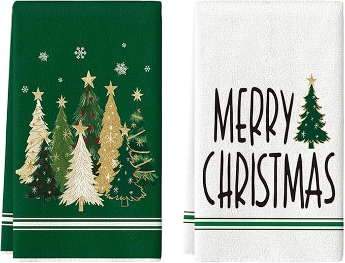 Artoid Mode Green Xmas Tree Merry Christmas Kitchen Towels Dish Towels, 18x26 Inch Farmhouse Star Snowflakes Decoration Cleaning Set of 2