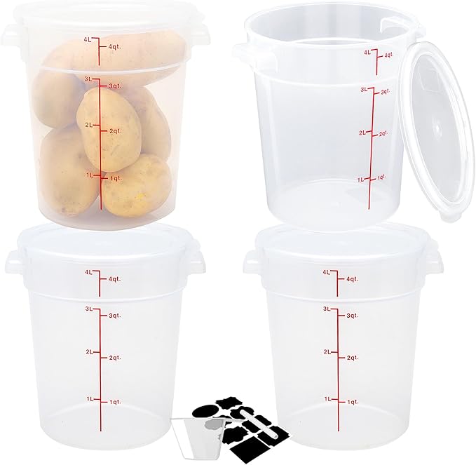 4 Pack Round Food Storage Containers with Lids, 4Qt Translucent Commercial Food Container, Polypropylene, BPA Free, Includes Labels & Measuring Cups