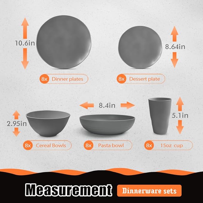 Teivio 40-Piece Flatware Kitchen Plastic Wheat Straw Dinnerware Set,Service for 8,Dinner Plates, Dessert Plate,Cereal Bowls,Pasta Bowls,Cups,Unbreakable Plastic Outdoor Camping Dishes,Irregular Gray