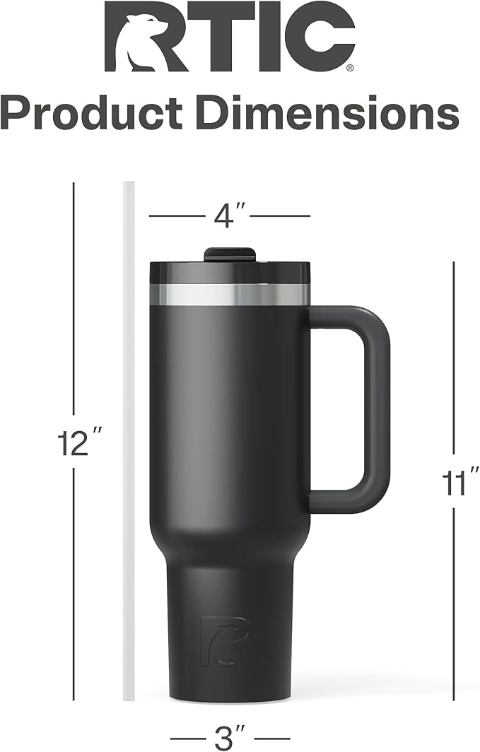 RTIC 40 oz Road Trip Tumbler Double-Walled Cermaic Lined Insulated Stainless Steel Portable Travel Coffee Mug Cup with Lid, Handle and Straw, Black