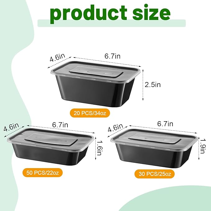 Sawysine 100 Pcs Plastic Meal Prep Containers Food Storage Containers Reusable Lunch Bowls with Lid Stackable Disposable Lunch Boxes 1 Compartment Bento Box (Black,22oz，25oz，34oz)