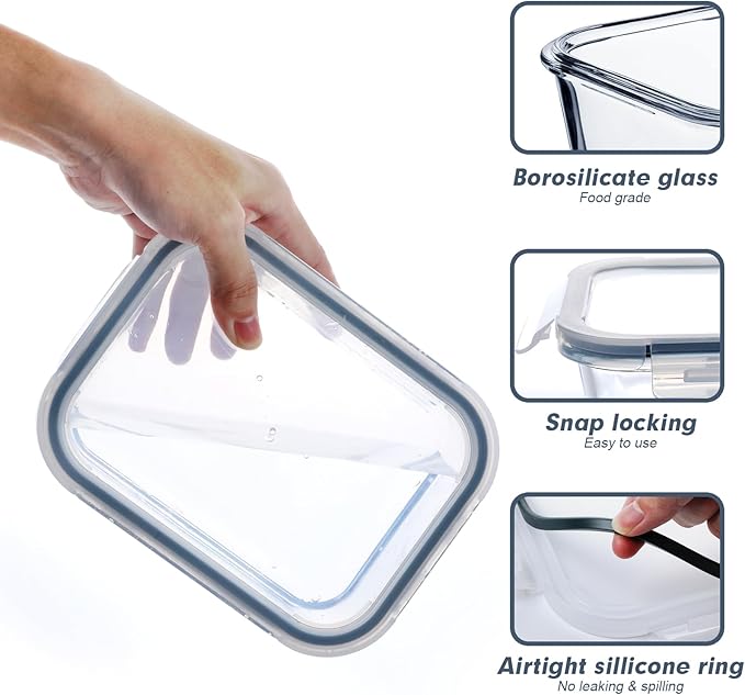 BAYZZ Glass Meal Prep Containers, 10 Packs 22 oz Glass Food Storage Containers with Lids, Airtight Lunch Box, Microwave,Freezer,Dishwasher Safe