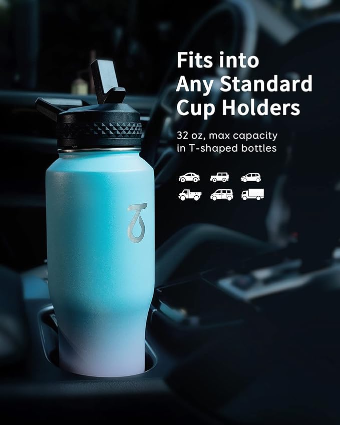 Trebo 32oz Insulated Water Bottle that Fits in Cup Holder, Stainless Steel Triple Wall Tumbler Flask Bottles with Paracord Handle, with Straw Spout Lids, Keep Cold for 48 Hrs/Hot 24 Hrs,Bubble Gum
