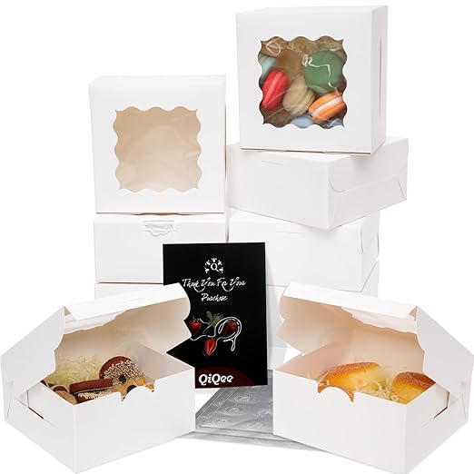 Bakepacker 100pcs White Bakery Boxes with Window 6x6x3 inches Thick & Sturdy Macaroon Pastry & Cookie Boxes