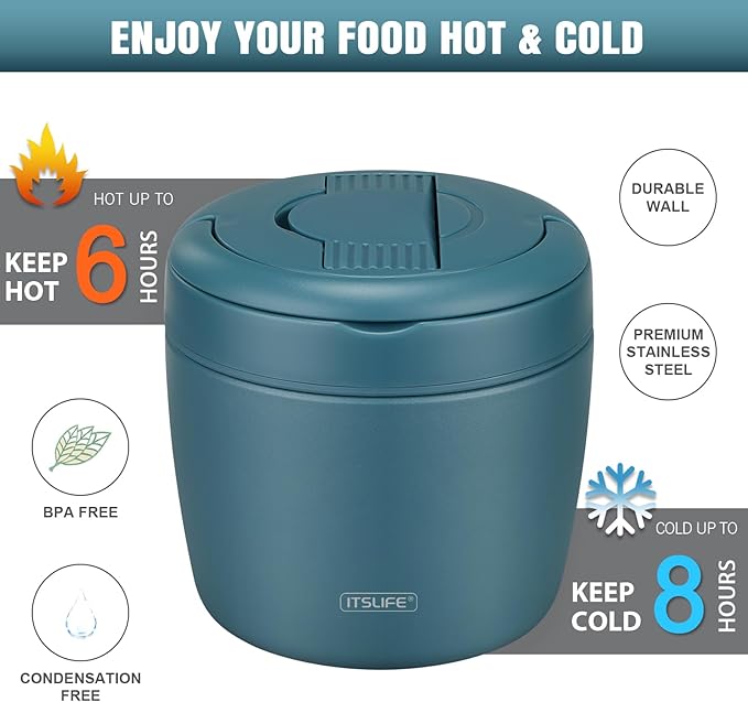 Soup Thermo for Hot Food Adults 32OZ Lunch Containers Wide Mouth Hot Food Jar Vacuum Insulated Stainless Steel Bento Box Leakproof with Spoon (Teal)