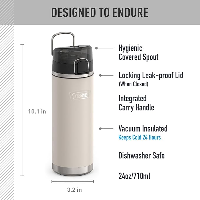 THERMOS ICON SERIES Stainless Steel Water Bottle with Spout - 24 Ounce, Sandstone - Vacuum Insulated Water Bottle with Lid