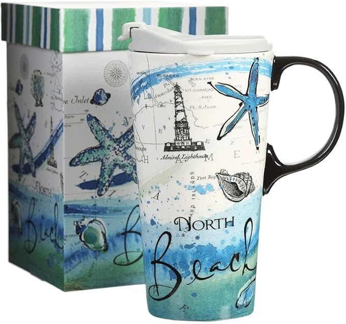 Topadorn Ceramic Mug Porcelain Latte Tea Cup Coffee Mug with Lid and Gift Box, 17oz. North Beach