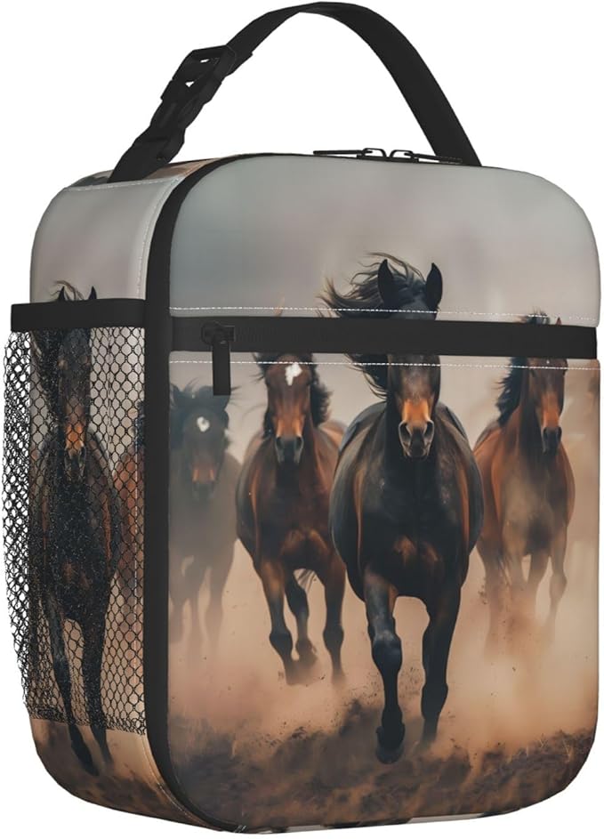 Reusable Running Horse Lunch Box for Kids Girls Boys Women Adult, Insulated Wild Animal Lunch Bag,Polyester Cooler Handbags Case for School Picnic Work Travel Beach or Hiking (Action-Packed)