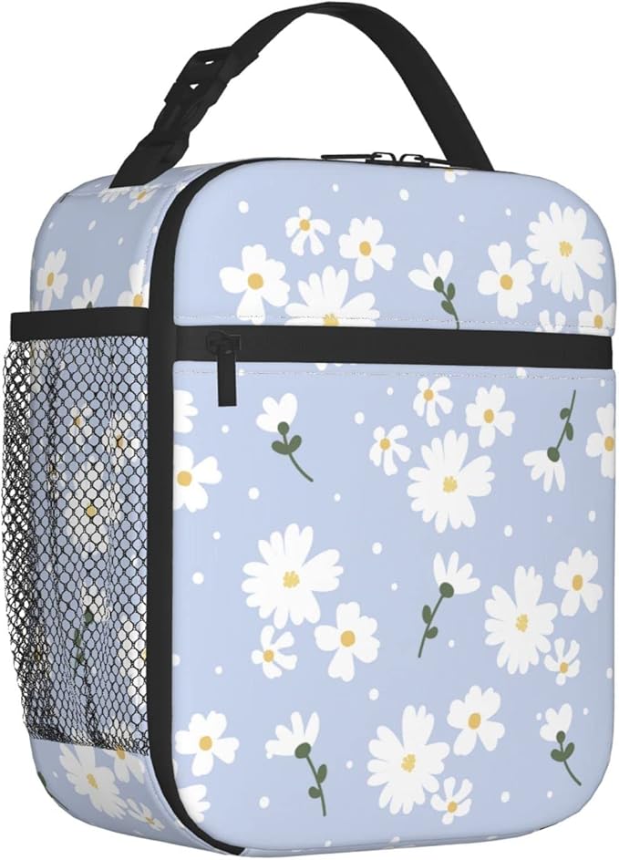 SUPLUCHOM Lunch Box Girl Daisy Flower Purple Floral Spring Insulated Bag Reusable with Side Pocket for Work School Picnic Hiking Daytrip Women Kids Over 3 Years Old
