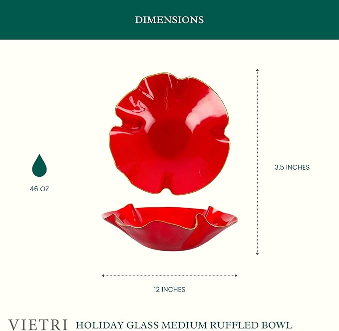 Vietri Holiday Glass Medium Ruffled Bowl, 12"D Red/Gold Decorative Christmas Serving/Mixing Dish