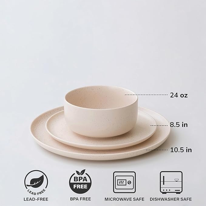 Stoneware Plates and Bowls Set - 12pcs Reactive Glazed Dinnerware Service for 4, Scratch & Chip Resistant (Oat Beige)