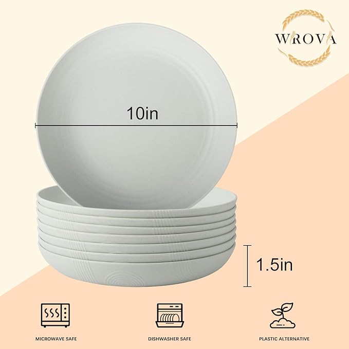 Wrova Wheat Straw Plates - 10 Inch Unbreakable Dinner Plates Set of 8 - Dishwasher & Microwave Safe Plastic Plates Reusable for Kitchen and Camping (Light Grey)