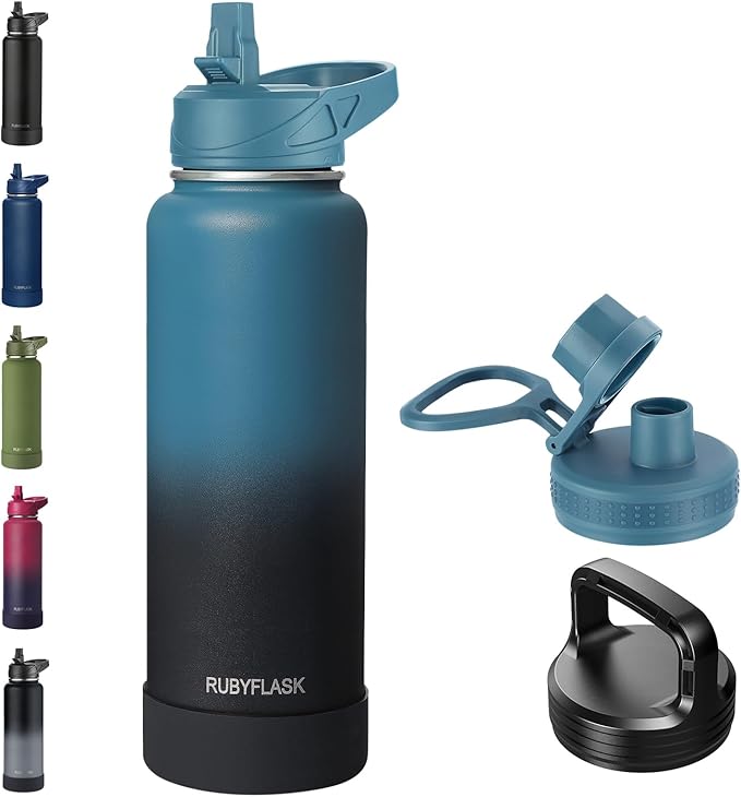 40oz Insulated Water Bottle with Straw, Stainless Steel Metal Vacuum Water Flask, Large Thermal Water bottle with Leakproof 3 Lids for Travel, Camping, Gym Sports Indigo Black