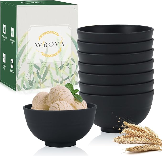 Wrova wheat straw snack bowls 10oz set of 8 - Unbreakable Dessert Bowls for kids - Mini Bowls for Ice Cream,Snack and Fruits - Microwave & Dishwasher Safe Appetizer Bowl Sets - Black