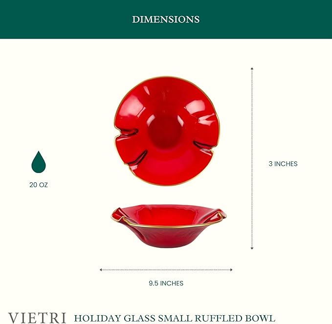 Vietri Holiday Glass Small Ruffled Bowl, 9.5"D Red/Gold Decorative Christmas Serving/Mixing Dish