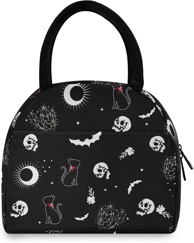 Skull Cat Moon Gothic insulated Lunch Bag Travel Picnic Durable Bags Shopping Box for Women Office Work School Picnic Hiking