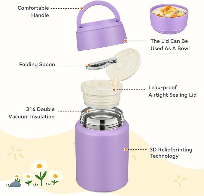 17oz Soup Thermo for Hot Food Kids Insulated Food Jar,Thermo Hot Food Lunch Container, Width Mouth Stainless Steel Lunch Box for Kids with Handle Folding Spoon(Purple-Pure)