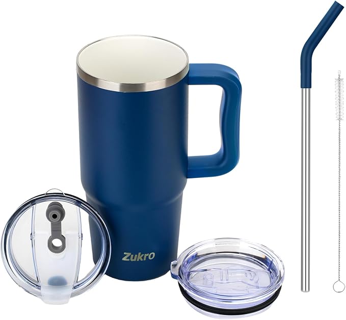 Zukro 24 oz Ceramic Lined Insulated Tumbler with Handle and Straw, No Metal Taste or Smell, Travel Coffee Mug with Spillproof Lids, No Sweat Stainless Steel Cup, Dishwasher Safe, Navy Blue