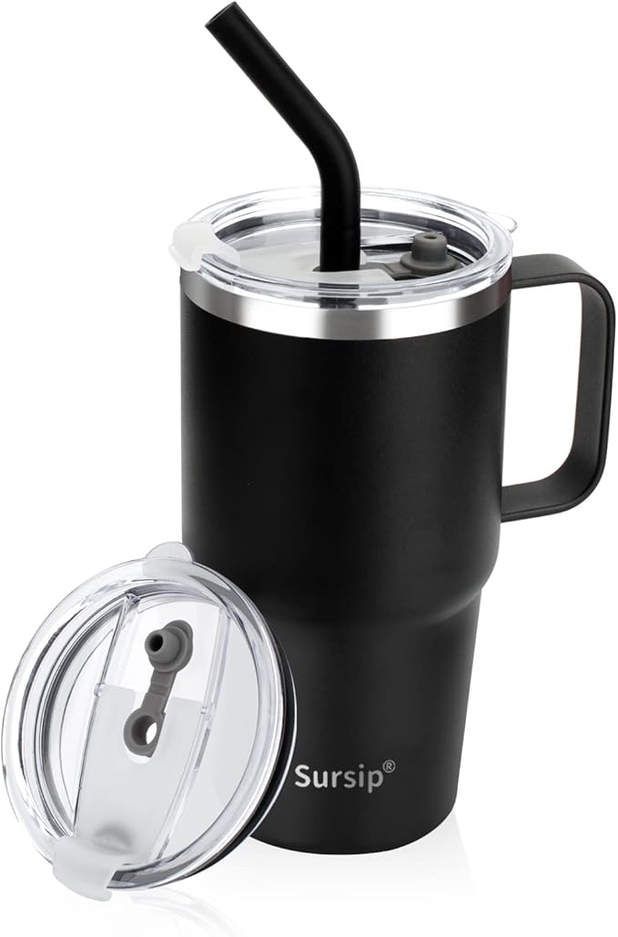 Sursip 24 oz Insulated Cup with Handle, Double Wall Vacuum Stainless Steel Tumbler with Straw and 2 Lids, For Cold/Hot Drinks, Coffee Travel Mug for Car/Home/Office/Party/Camping (Black-1 Pack)