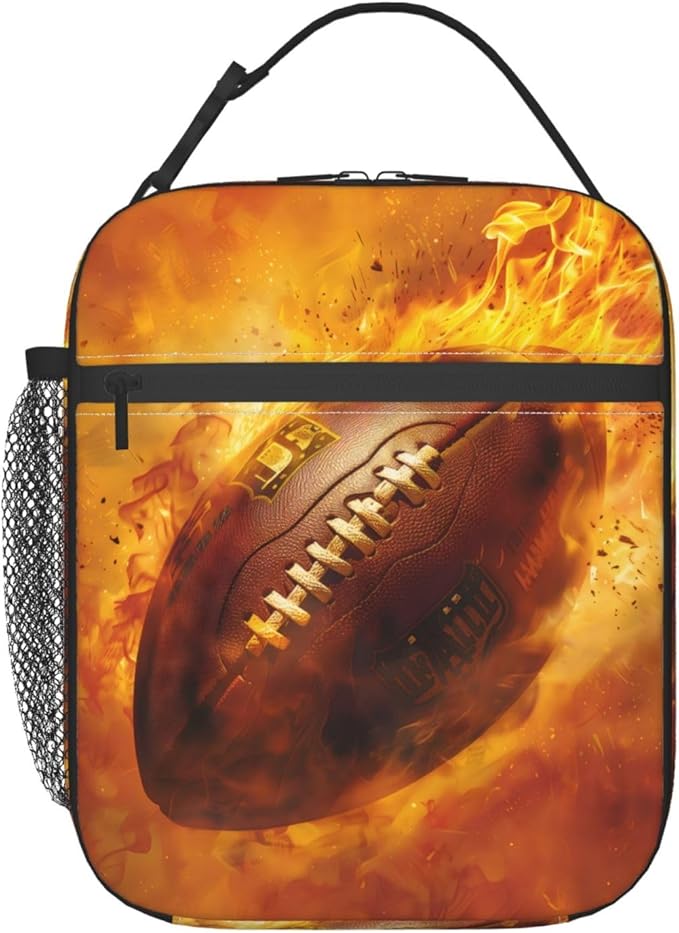 American Football Lunch Box for Athletics Lovers, Tote Bag with Fire Ball Print, Insulated Lunchbox Gifts, Reusable Cooler Lunchboxes for Sport, Office, School, Picnic, Travel