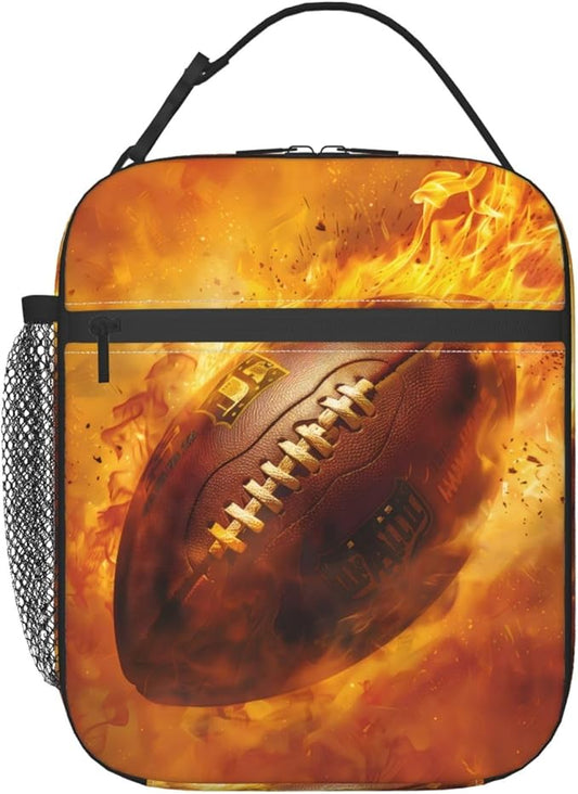 American Football Lunch Box for Athletics Lovers, Tote Bag with Fire Ball Print, Insulated Lunchbox Gifts, Reusable Cooler Lunchboxes for Sport, Office, School, Picnic, Travel