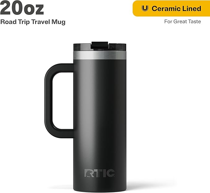 RTIC 20oz Road Trip Travel Mug with Lid and Handle, Ceramic Lined, Insulated, Stainless Steel, Metal, Double Wall Vacuum-Insulation, Portable Coffee, Tea Cup for Hot and Cold Drink, Black