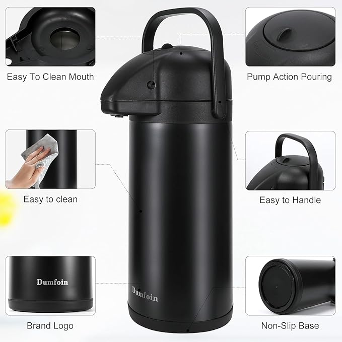 Updated Airpot Coffee Dispenser with Pump, 85 OZ Insulated Thermal Coffee Carafe for Keeping Hot - Cold Water, Party Chocolate Drinks & Stainless Steel Thermos Urn Large Thermal Hot Drink (Black)