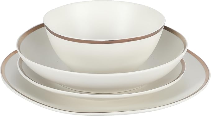 Gibson Elite Kings Road Double Plates and Bowl Organic Round Porcelain Chip and Scratch Resistant Dinnerware Set - Matte White w/Gold Rim