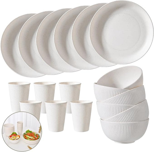 18 pcs Wheat Straw Dinnerware Sets for 6 - Lightweight & Unbreakable Cups Plates and Bowls Sets Microwave Dinnerware Set for Kitchen, Travel & Camping Beige