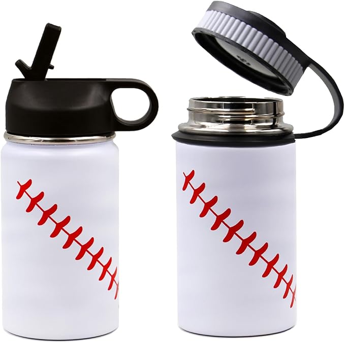 12 oz Baseball Water Bottle, Sports Flask Thermo Travel Tumbler with 2 Lids, Stainless Steel Double Wall Vacuum Leak Proof Insulated Water Bottles, Baseball Accessories Gifts for Boys 8-12 Player