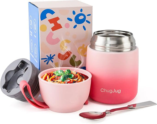 Thermo for Hot Food for Adults Kids | Wide Mouth, 18 oz Insulated Food Jar with Spoon, Leakproof Soup Thermo for School Office Travel, Thermal Steel Lunch Container Easy to Carry (Pink)
