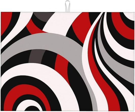 Red Black White and Grey Swirl Microfiber Dish Drying Mats, Absorbent Modern Decorative Kitchen Counter Mat, 18 x 24 inch, Polyester, Washable, Reusable, Foldable, for Dishes Utensils Small Appliances