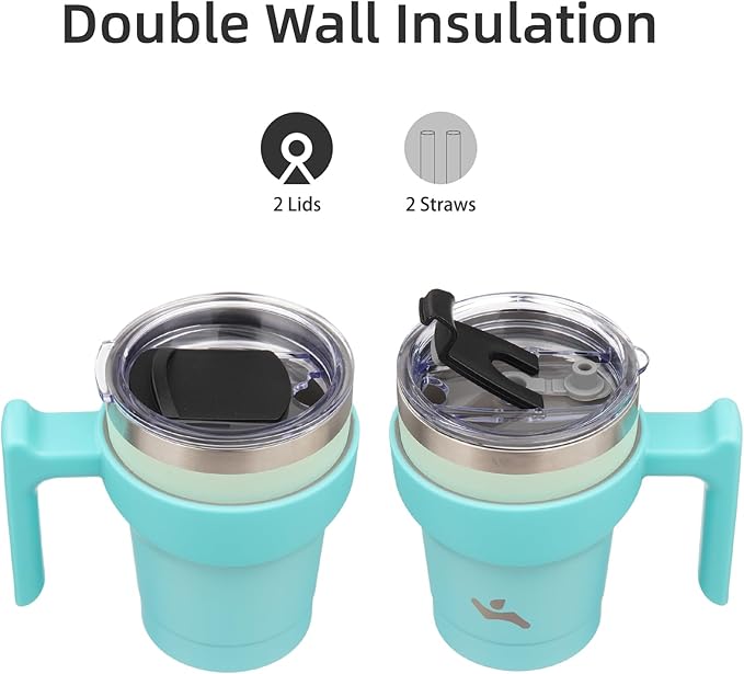10 oz Tumbler with Handle and 2 Straw 2 Lid, Insulated Water Bottle Stainless Steel Vacuum Cup Reusable Travel Mug, Mint