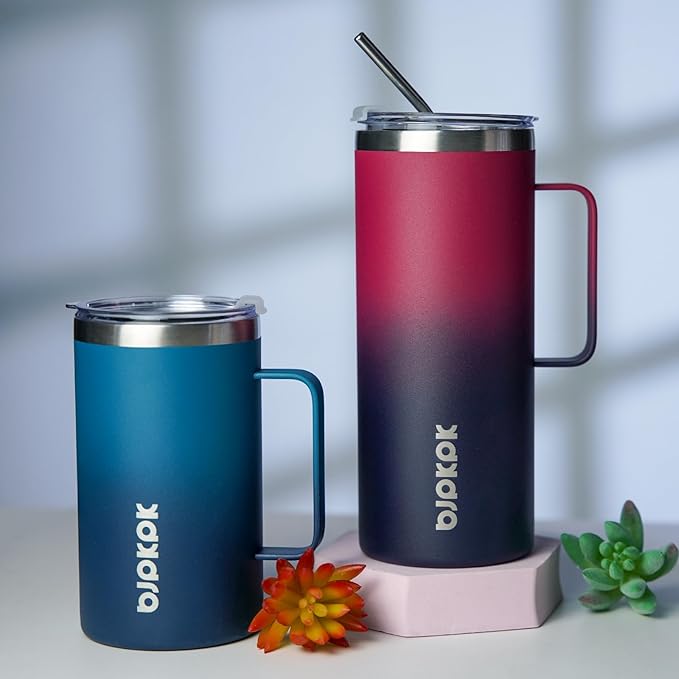 BJPKPK Insulated Coffee Mug with 2 Lids, 25oz Stainless Steel Insulated Tumbler with Handle, Double Wall Vacuum Coffee Cups, BPA Free Travel Mug for Coffee, Tea and Drinks, Charming Red & Blue