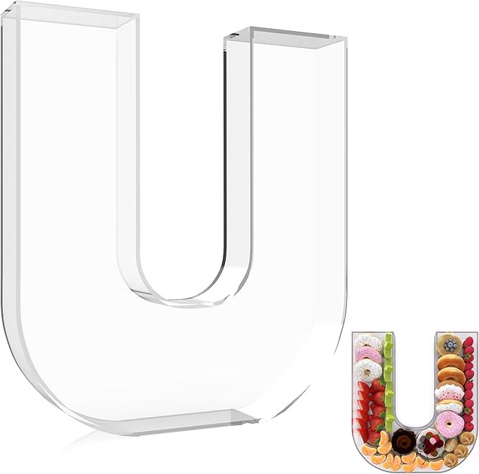 13.8" Extra Large Acrylic Letter Charcuterie Board Box, Reusable Fillable Letter Cake Candy Dish Display Serving Tray for Birthday Anniversary Party Decoration (U)