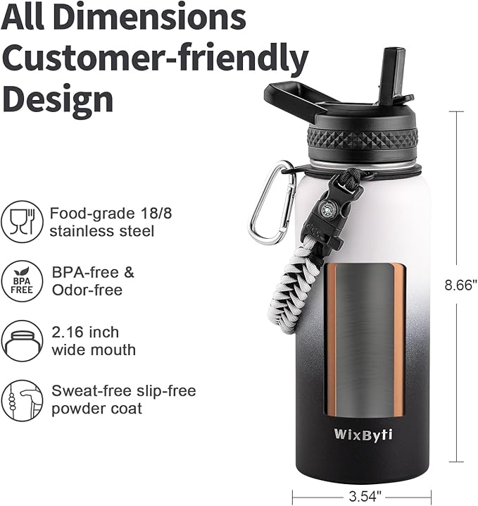 32 oz Insulated Water Bottle with Straw (Cold for 48 Hrs), Stainless Steel Triple Wall Vacuum Sports Water Jug, Leakproof Hydro Cup Flask with Paracord Handle & Straw Spout Lids & DIY Stickers