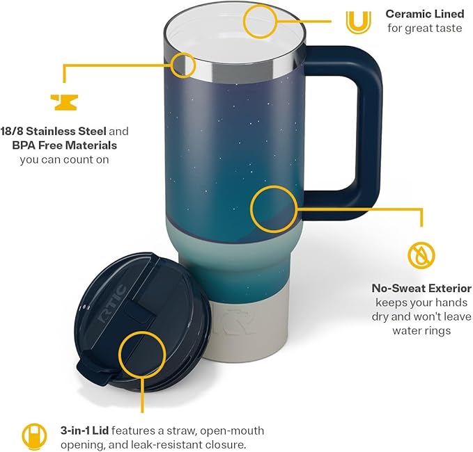 RTIC 30 oz Road Trip Tumbler Double-Walled Ceramic Lined InsulatedStainless Steel Portable Travel Coffee Mug Cup with Lid, Handle and Straw, Starry Night