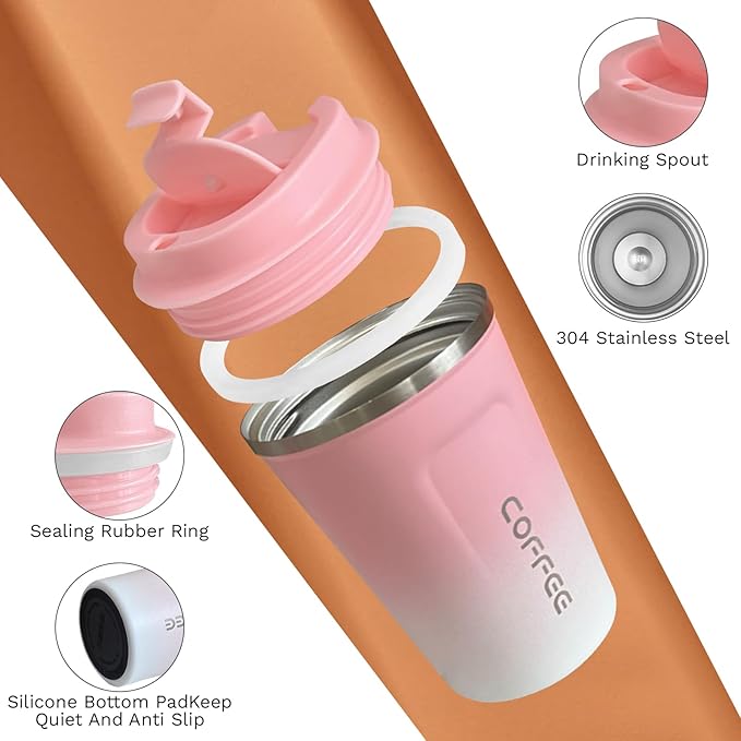 Travel coffee mugs leak-proof, reusable coffee cups with lids, stainless steel vacuum thermos coffee tumblers,thermal insulation cups for men and women hot & cold drinks(2nd-Pink White, 17OZ)