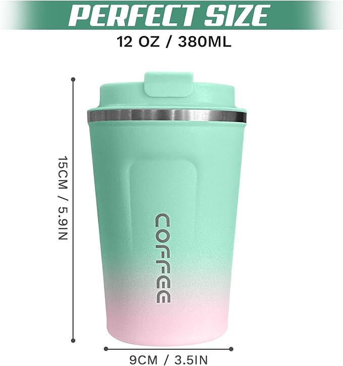 Travel coffee mugs leak-proof, reusable coffee cups with lids, stainless steel vacuum thermos coffee tumblers,thermal insulation cups for men and women hot & cold drinks (2nd-Green Pink, 12OZ)