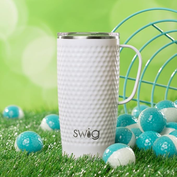 Swig Life 22oz Travel Mug, Insulated Tumbler with Handle and Lid, Cup Holder Friendly, Dishwasher Safe, Stainless Steel, Travel Coffee Cup, Insulated Mug with Lid (Golf Ball)