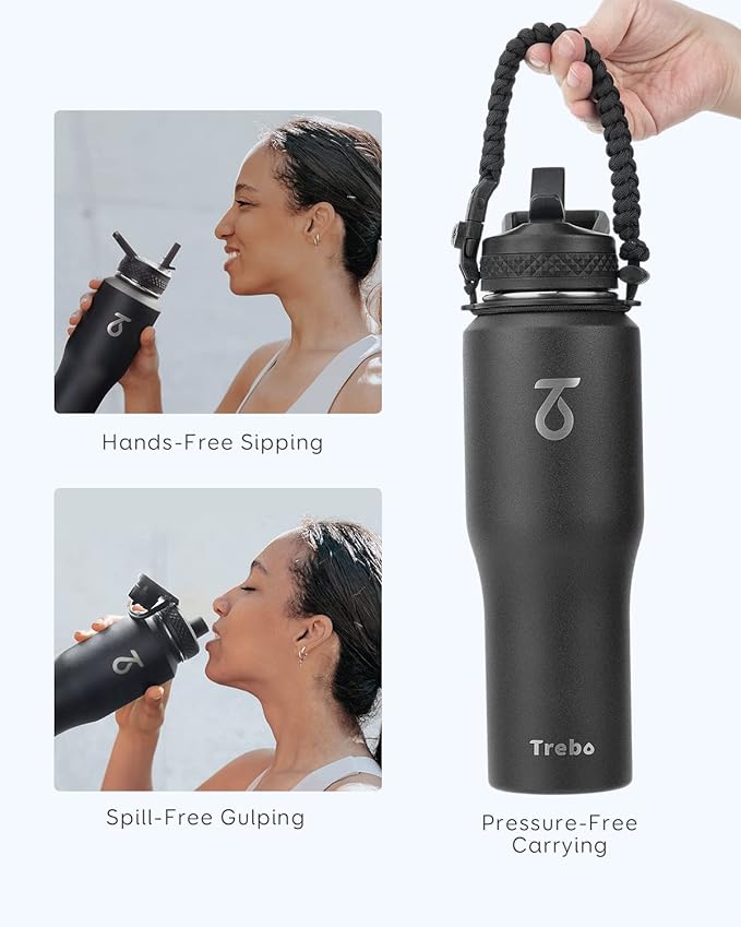 Trebo 32 oz Water Bottle Insulated Fit in Any Car Cup Holder,Triple Wall Vacuum Stainless Steel Water Bottles (Keep Cold for 48 Hrs),Leakproof Tumbler Flask with Paracord Handle,Straw Spout Lids