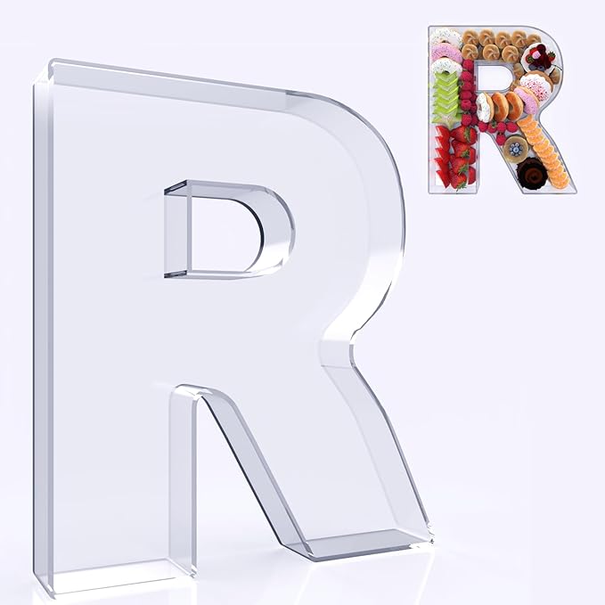 11" Acrylic Letter Charcuterie Box, Reusable Fillable Alphabet Number Shaped Form Tray for Birthday Anniversaries, Party Decorative Serving Plates Display Candy Cake (R)